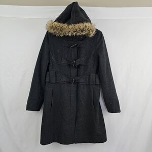 Elevenses Anthropologie Deep Woods Toggle Coat Wool Faux Fur Hooded Gray Size 10